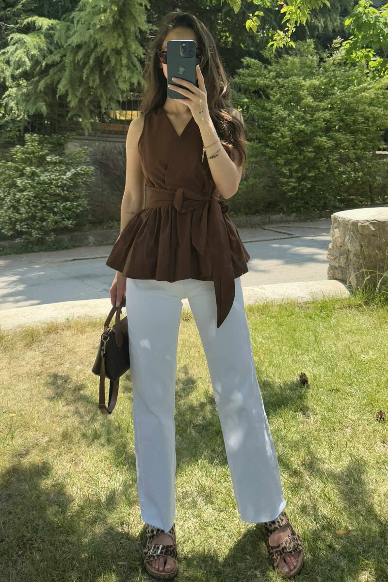 SLEEVELESS ONE COLOR LACING DETAIL WOMEN SHIRT BROWN/KAFE - 1