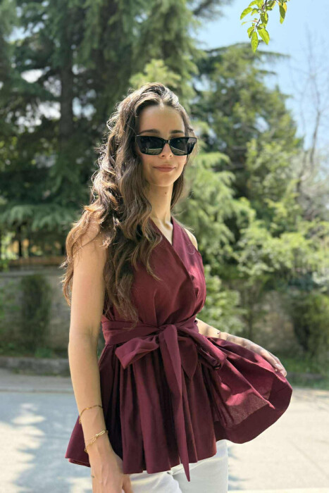 SLEEVELESS ONE COLOR LACING DETAIL WOMEN SHIRT BURGUNDY/VISHNJE - 2