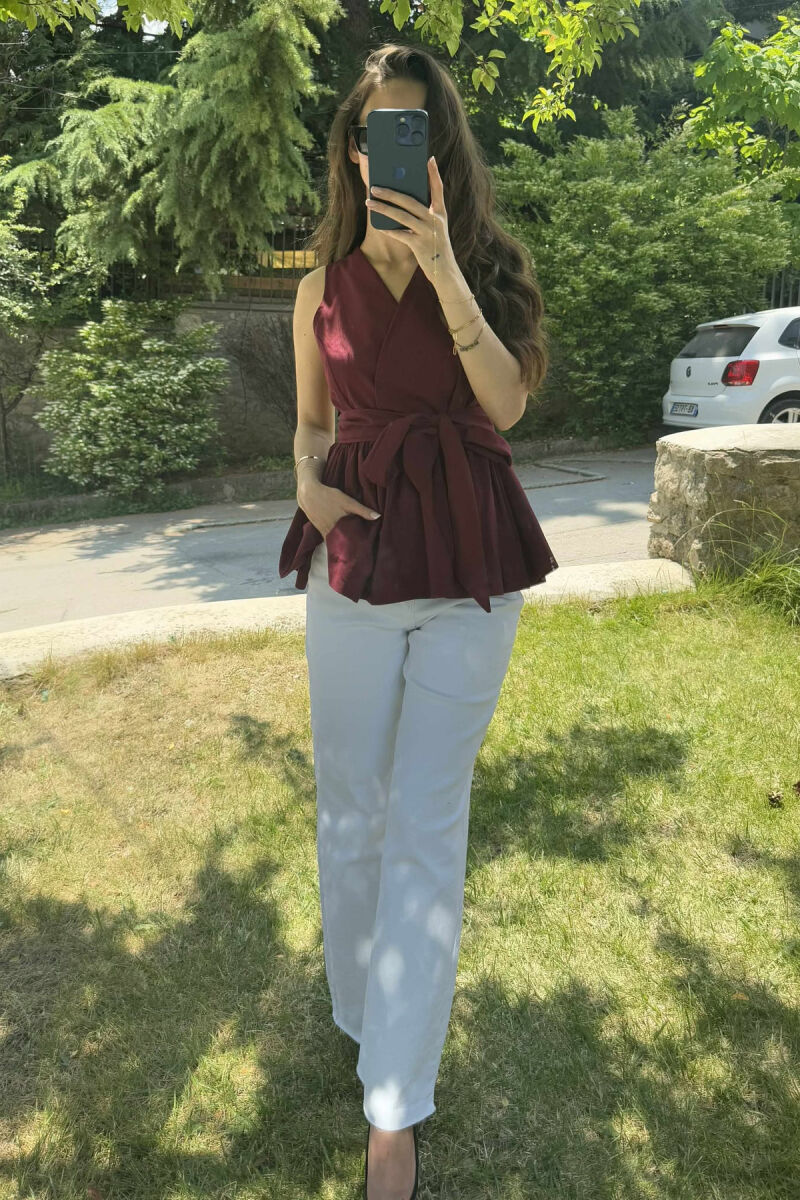 SLEEVELESS ONE COLOR LACING DETAIL WOMEN SHIRT BURGUNDY/VISHNJE - 5