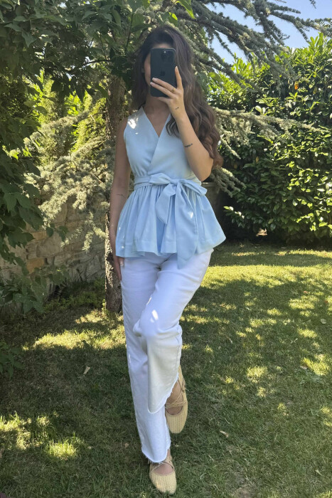 SLEEVELESS ONE COLOR LACING DETAIL WOMEN SHIRT LIGHTBLUE/BZ 