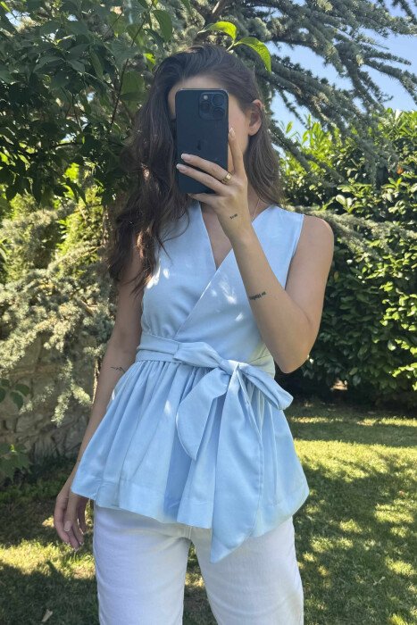 SLEEVELESS ONE COLOR LACING DETAIL WOMEN SHIRT LIGHTBLUE/BZ - 3