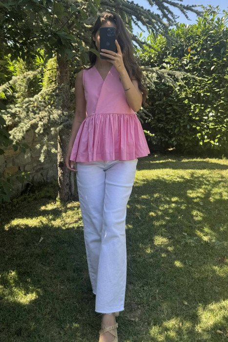 SLEEVELESS ONE COLOR LACING DETAIL WOMEN SHIRT PINK/ROZE - 2