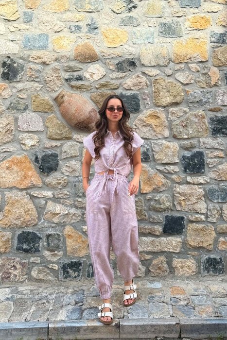 SLEEVELESS STRIPE SHIRT+TROUSERS WOMEN SET BEIGE/BEZHE - 1