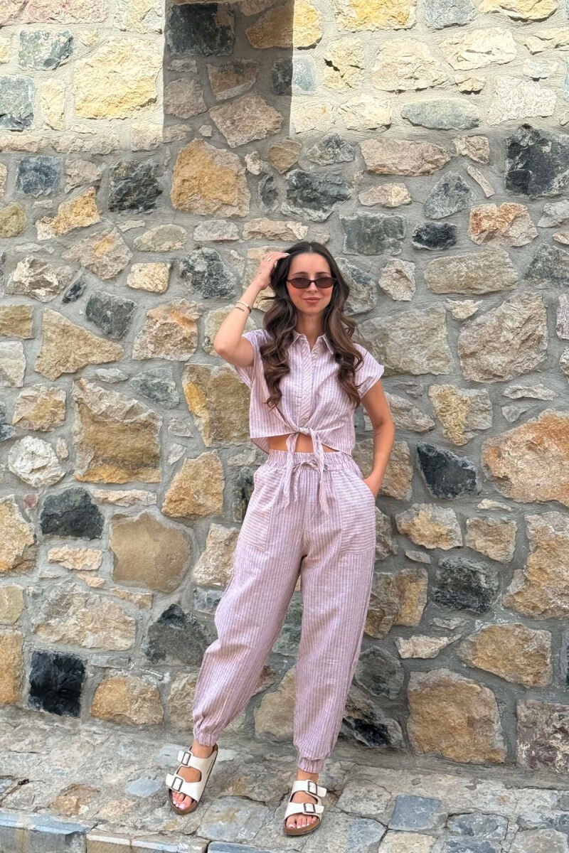 SLEEVELESS STRIPE SHIRT+TROUSERS WOMEN SET BEIGE/BEZHE - 2