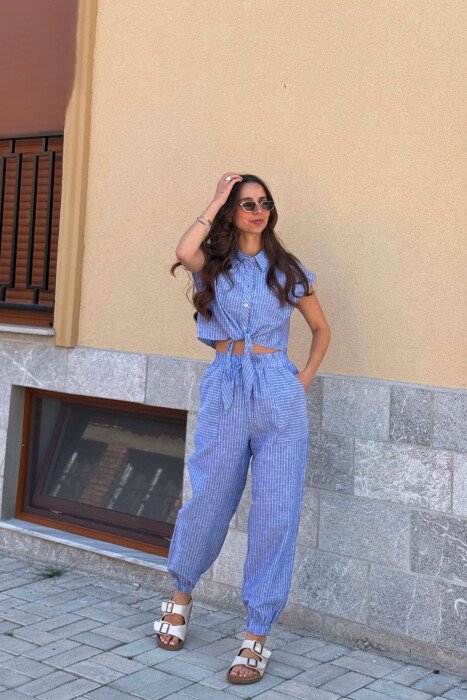SLEEVELESS STRIPE SHIRT+TROUSERS WOMEN SET BLUE/BLU - 3