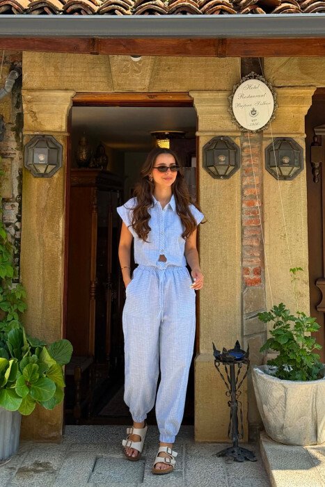 SLEEVELESS STRIPE SHIRT+TROUSERS WOMEN SET LIGHTBLUE/BZ - 2