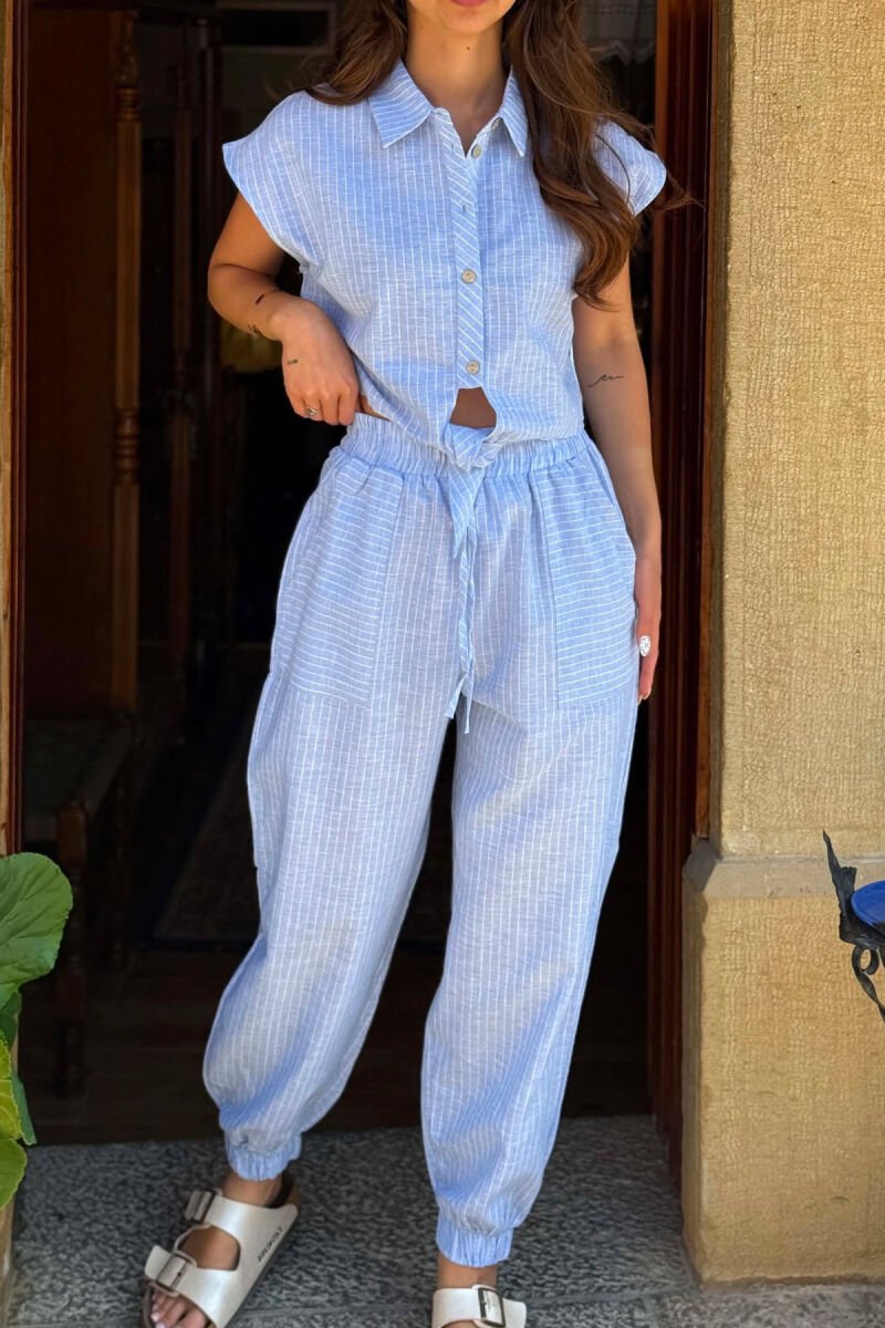SLEEVELESS STRIPE SHIRT+TROUSERS WOMEN SET LIGHTBLUE/BZ - 5