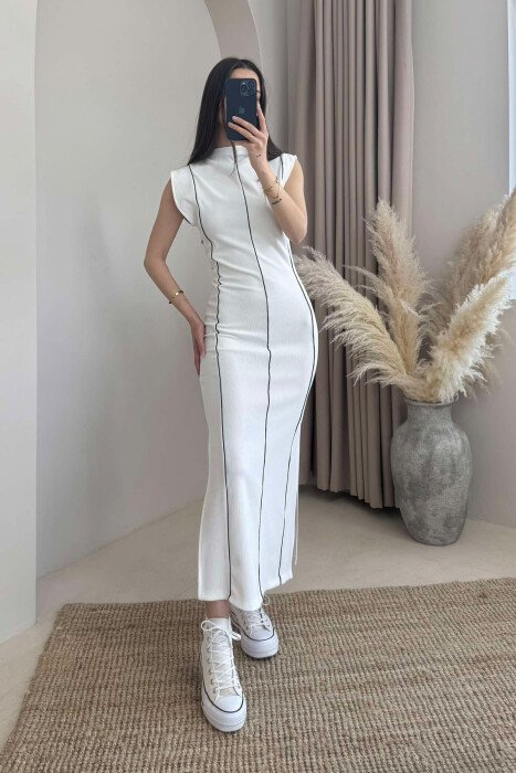 SLEEVELESS STRIPED LONG WOMEN DRESS WHITE-E BARDHE - KLAUDIO FASHION