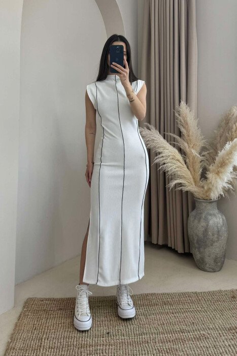 SLEEVELESS STRIPED LONG WOMEN DRESS WHITE-E BARDHE - 5