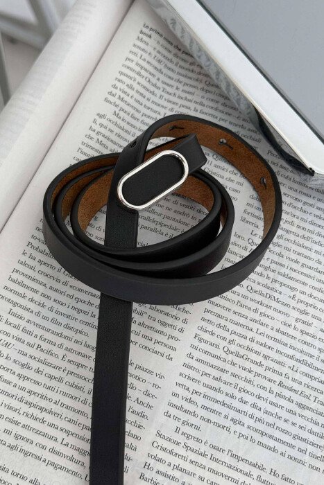 SMALL BUCKLE THIN LEATHER WOMEN BELT BLACK+SILVER/ZEZE+ARGJEND - KLAUDIO FASHION