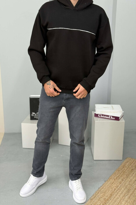 SMALL DETAIL ONE COLOR FLUFFY MEN HOODIE BLACK/ E ZEZE - 2