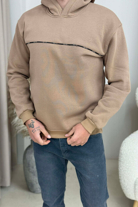SMALL DETAIL ONE COLOR FLUFFY MEN HOODIE LIGHT BROWN/KAZB 