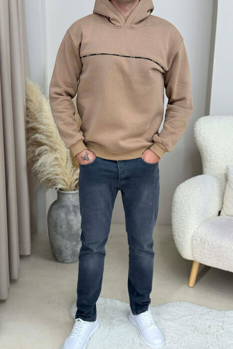 SMALL DETAIL ONE COLOR FLUFFY MEN HOODIE LIGHT BROWN/KAZB - 2