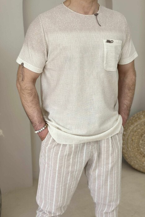 SMALL DETAILS SINGLE POCKET MEN T-SHIRT CREAM/KREM - 1