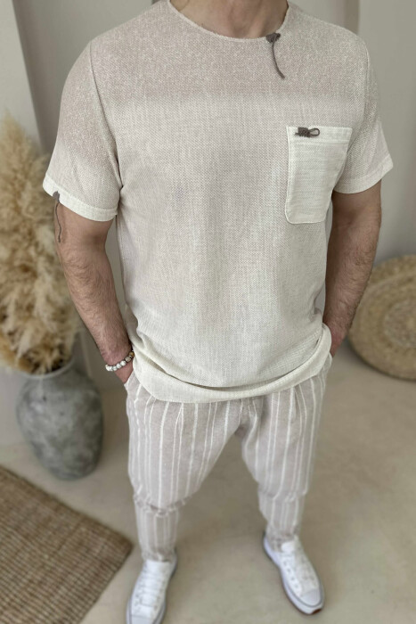SMALL DETAILS SINGLE POCKET MEN T-SHIRT CREAM/KREM - 2