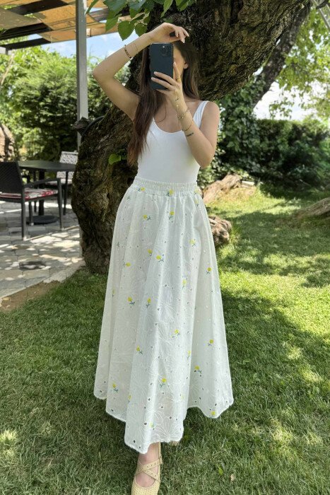 SMALL FLOWERS DESIGN LONG WOMEN SKIRT WHITE-E BARDHE - 2