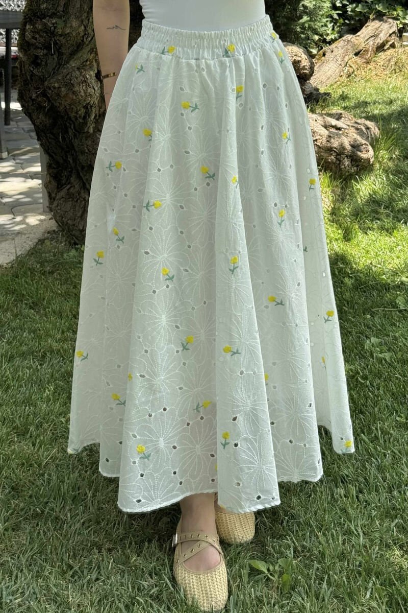 SMALL FLOWERS DESIGN LONG WOMEN SKIRT WHITE-E BARDHE - 1