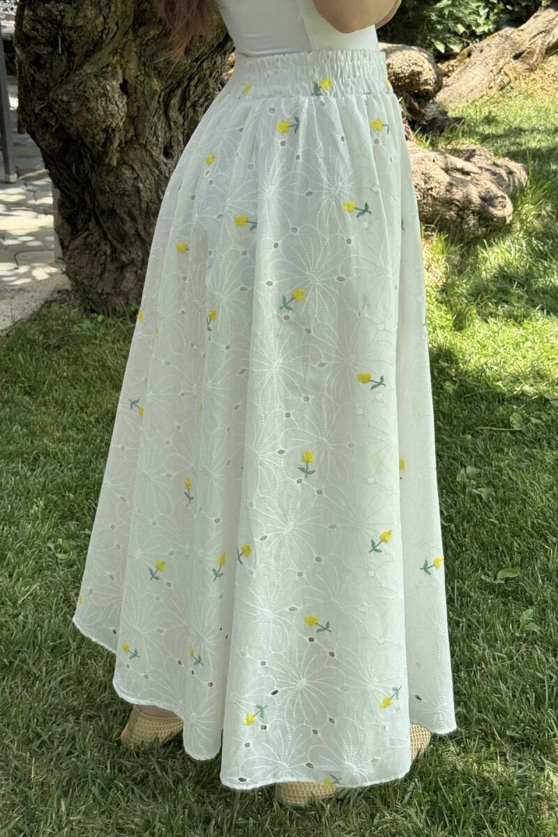 SMALL FLOWERS DESIGN LONG WOMEN SKIRT WHITE-E BARDHE - 4