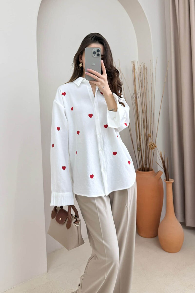 SMALL HEARTS DESIGN LONG SLEEVE WOMEN SHIRT WHITE-E BARDHE - 1