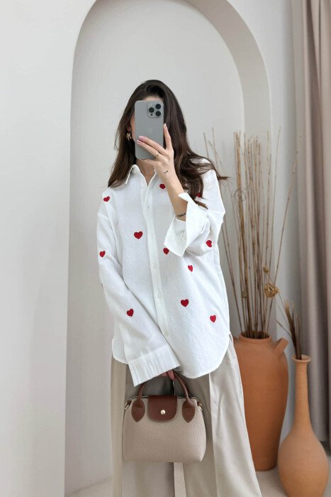 SMALL HEARTS DESIGN LONG SLEEVE WOMEN SHIRT WHITE-E BARDHE - 2