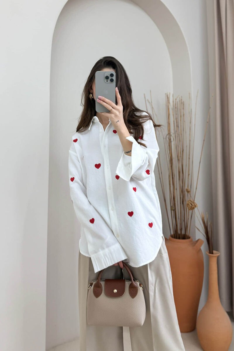 SMALL HEARTS DESIGN LONG SLEEVE WOMEN SHIRT WHITE-E BARDHE - 2