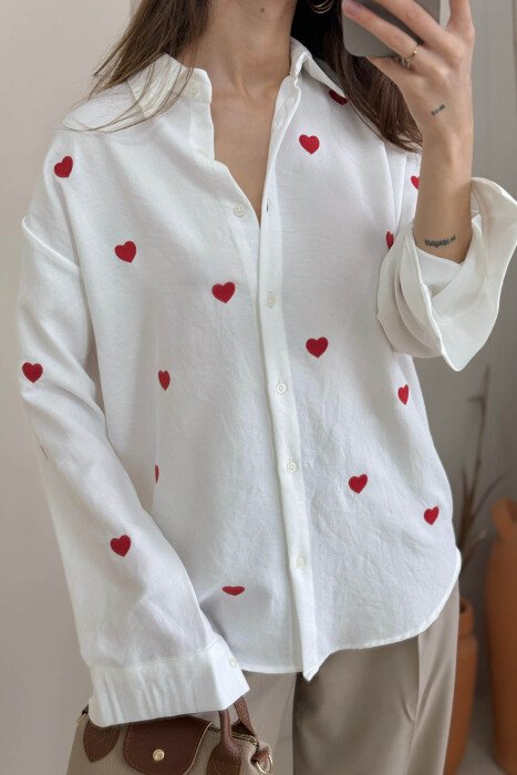 SMALL HEARTS DESIGN LONG SLEEVE WOMEN SHIRT WHITE-E BARDHE - 4