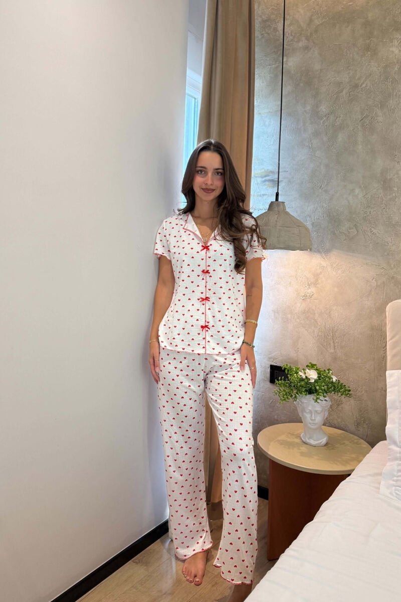 SMALL HEARTS DESIGN SHIRT+TROUSERS WOMEN PYJAMAS WHITE-RED/BAKU - 2