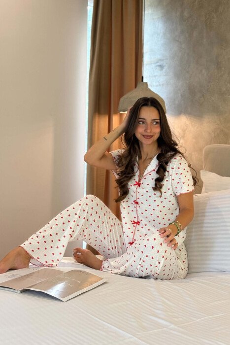 SMALL HEARTS DESIGN SHIRT+TROUSERS WOMEN PYJAMAS WHITE-RED/BAKU - 1