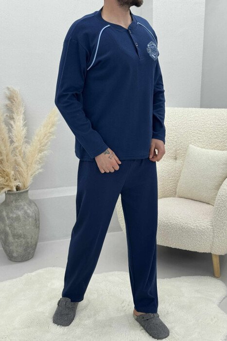 SMALL LOGO BUTTONS SWEATSHIRT+SWEATPANTS MEN PYJAMAS DARK BLUE/BEE - 3