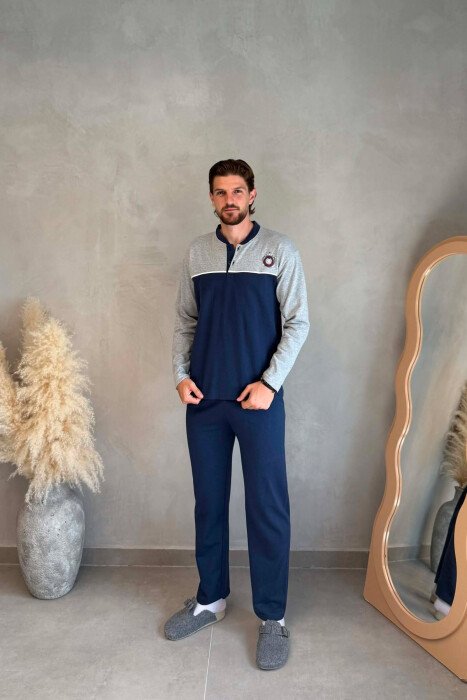 SMALL LOGO SWEATSHIRT+TROUSERS MEN PYJAMAS BLUE+GREY/ BLU+GRI - KLAUDIO FASHION