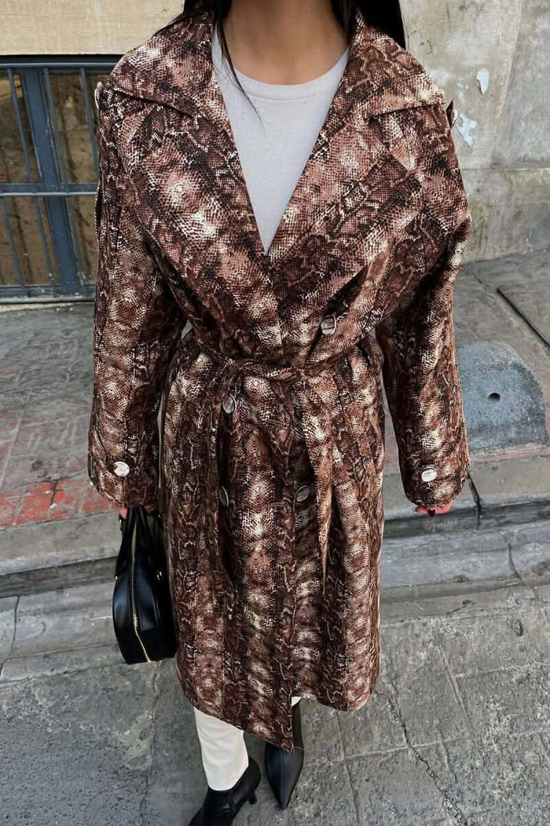 SNAKE DESIGN BELT DETAIL WOMEN TRENCH COAT BROWN/KAFE - 2