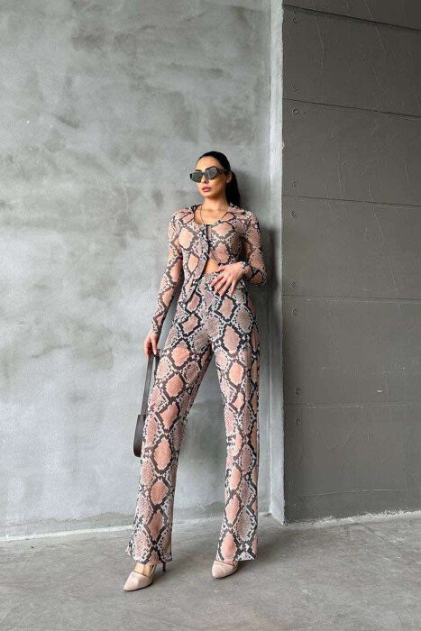 SNAKE SKIN DESIGN TRANSPARENT SHIRT+TROUSERS WOMEN SET BEIGE/BEZHE - 1
