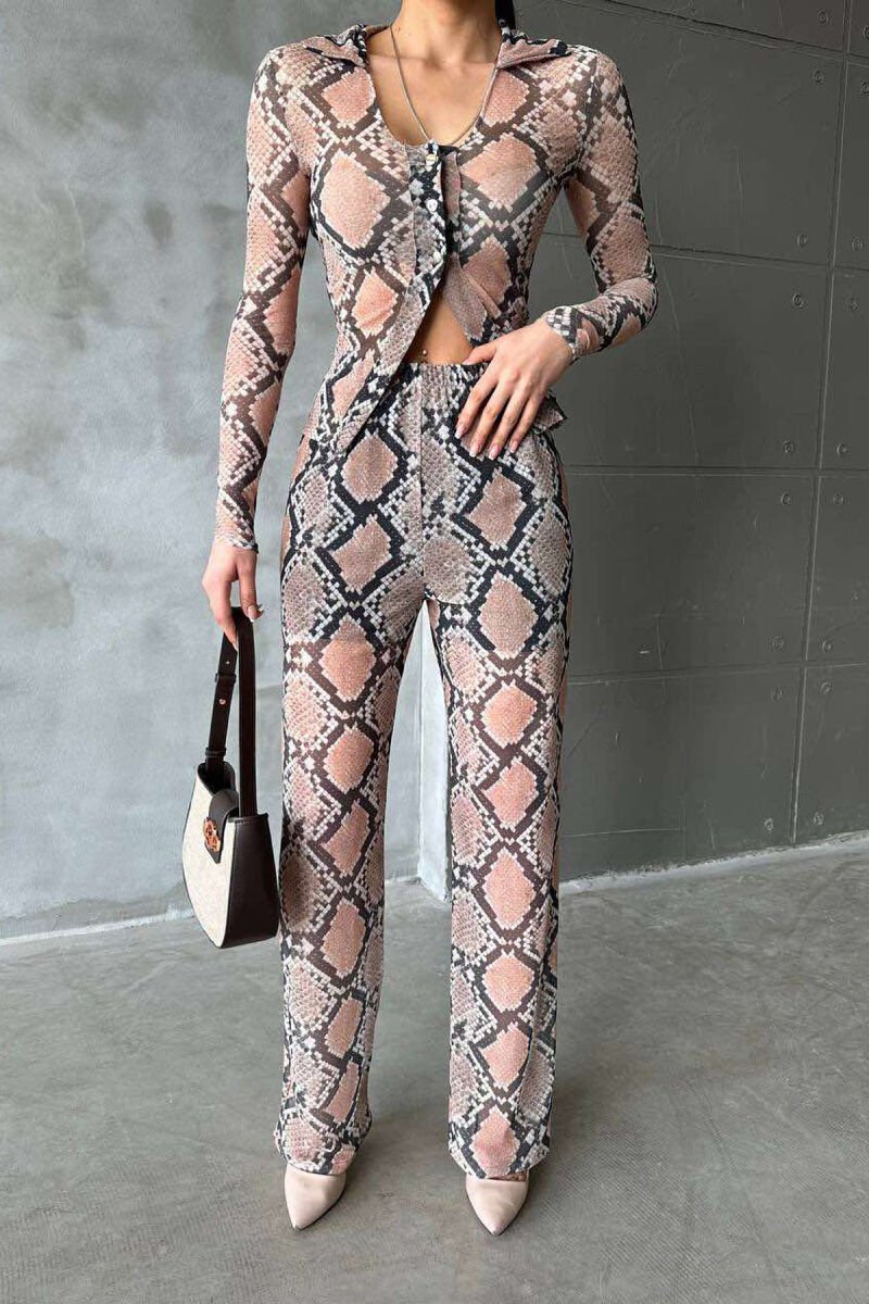SNAKE SKIN DESIGN TRANSPARENT SHIRT+TROUSERS WOMEN SET BEIGE/BEZHE - 2