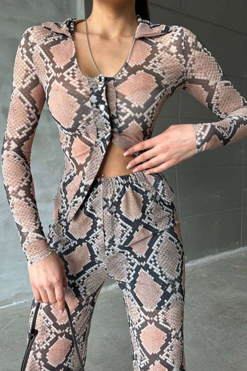 SNAKE SKIN DESIGN TRANSPARENT SHIRT+TROUSERS WOMEN SET BEIGE/BEZHE - 3