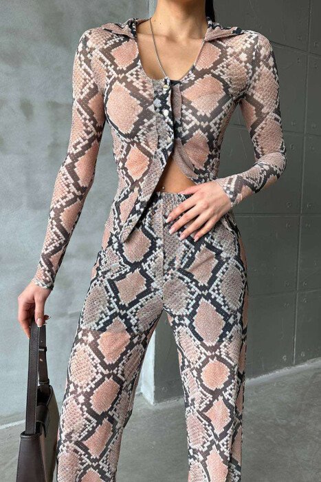 SNAKE SKIN DESIGN TRANSPARENT SHIRT+TROUSERS WOMEN SET BEIGE/BEZHE - 4