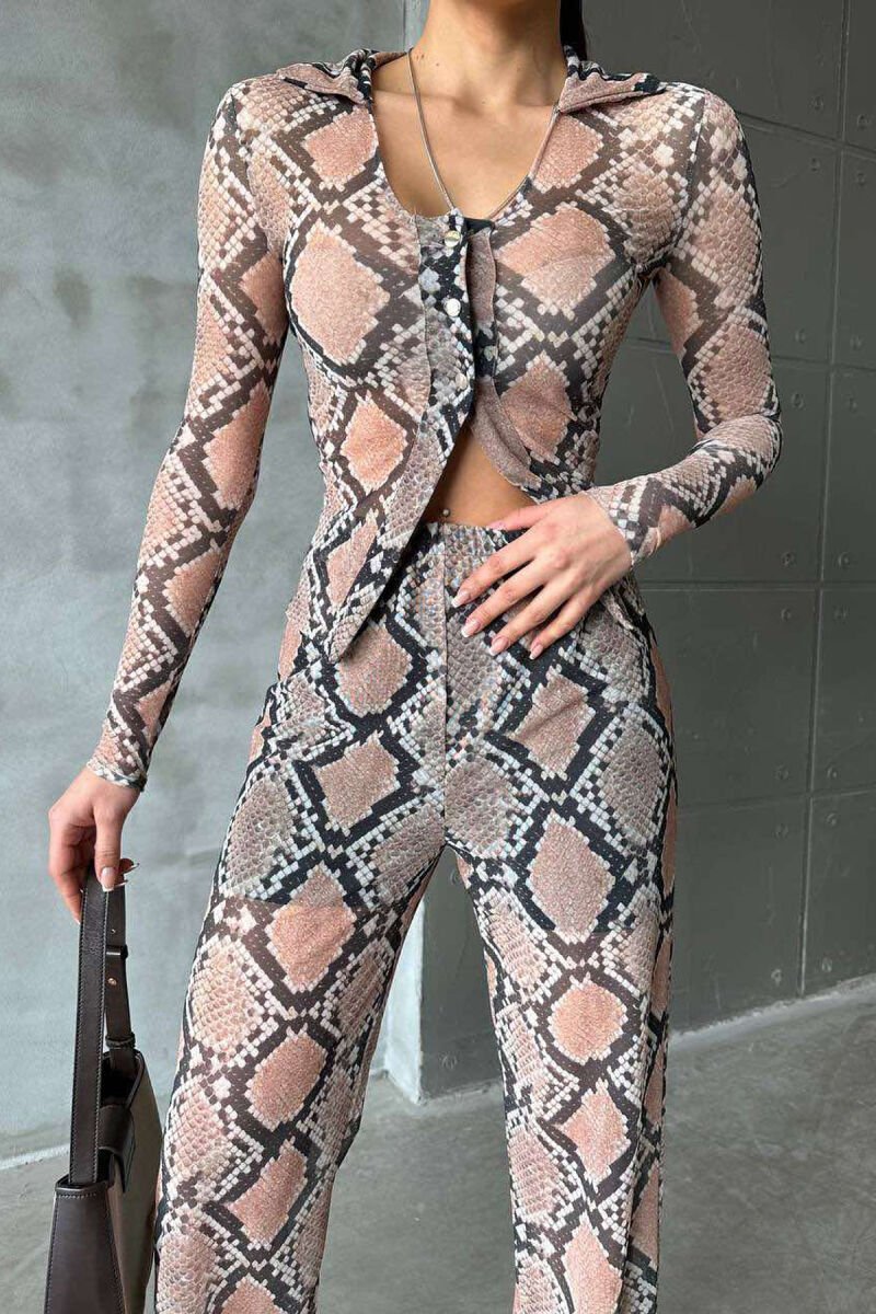 SNAKE SKIN DESIGN TRANSPARENT SHIRT+TROUSERS WOMEN SET BEIGE/BEZHE - 4