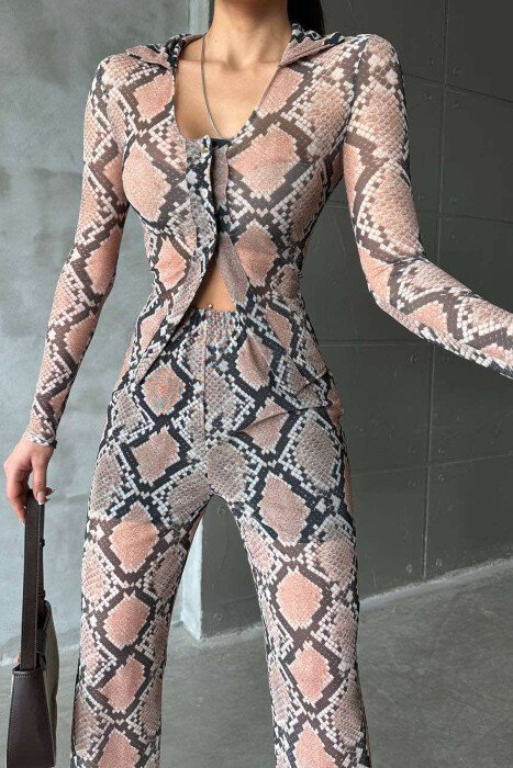 SNAKE SKIN DESIGN TRANSPARENT SHIRT+TROUSERS WOMEN SET BEIGE/BEZHE - 5