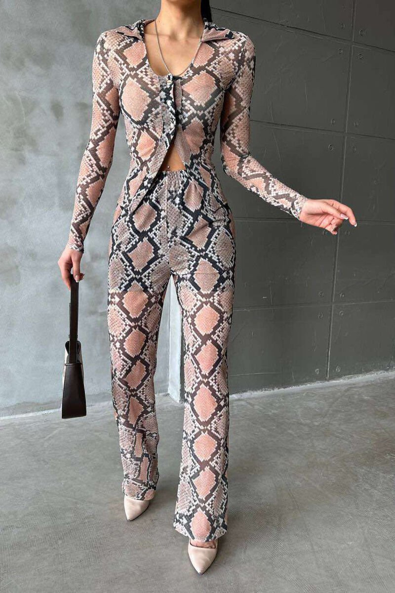 SNAKE SKIN DESIGN TRANSPARENT SHIRT+TROUSERS WOMEN SET BEIGE/BEZHE - 6