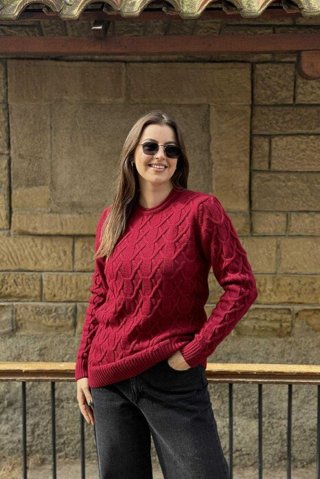 SOLID COLOR WOMEN'S KNIT SWEATER BURGUNDY/VISHNJE - 2