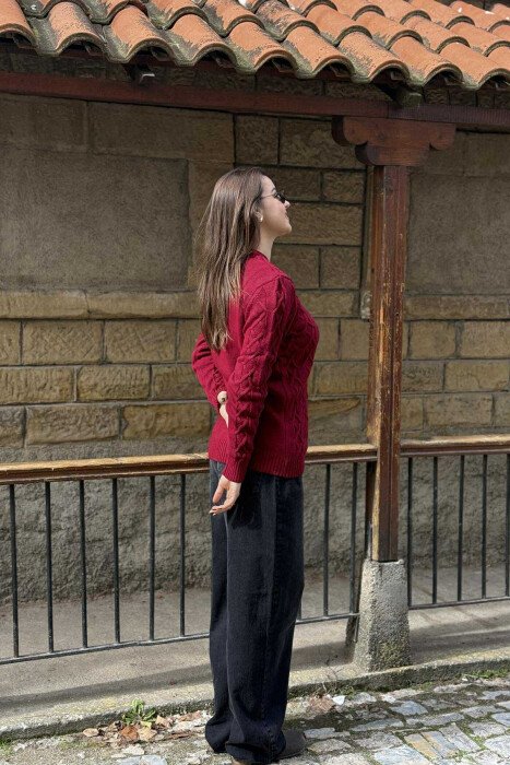 SOLID COLOR WOMEN'S KNIT SWEATER BURGUNDY/VISHNJE - 5