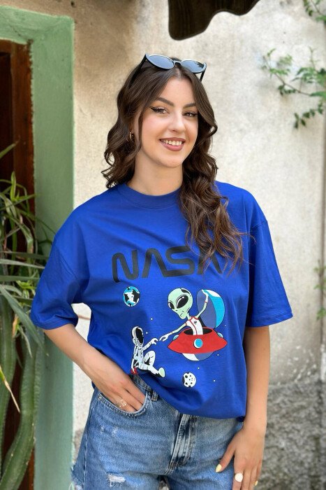 SPACE DESIGN COTTON WOMEN T-SHIRT BLUE/BLU - KLAUDIO FASHION