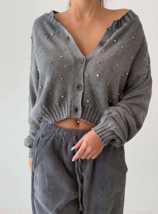 SPARKLY STONES WOMEN CARDIGAN GREY/GRI - KLAUDIO FASHION