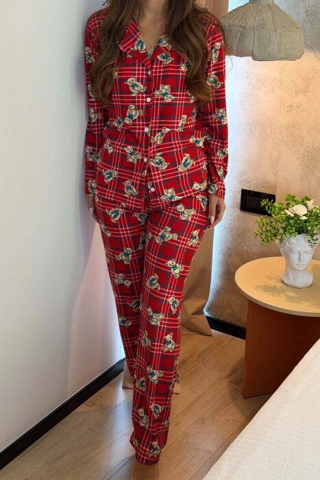 SQUARE BEAR DESIGN SHIRT + TROUSERS WOMEN PYJAMAS RED/E KUQE - 3