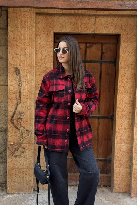 SQUARE DESIGN BUTTONED SIMPLE WOMEN JACKET RED/E KUQE - KLAUDIO FASHION