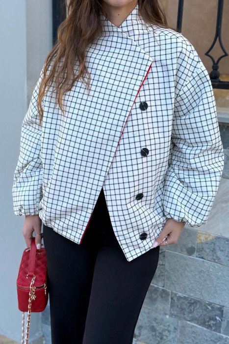 SQUARE DESIGN BUTTONED WOMEN JACKET CREAM/KREM - 4