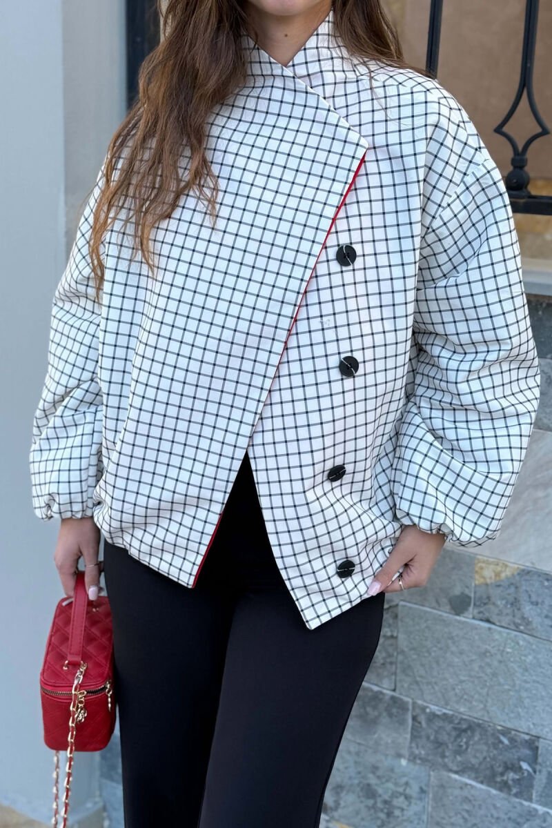 SQUARE DESIGN BUTTONED WOMEN JACKET CREAM/KREM - 4