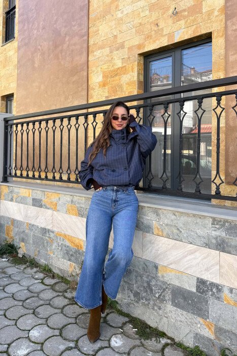 SQUARE DESIGN ELASTIC WAIST WOMEN JACKET BLUE/BLU - 2