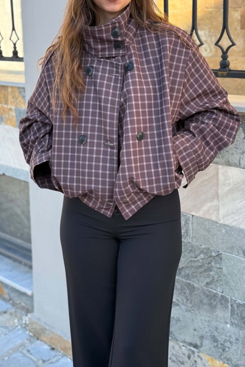SQUARE DESIGN ELASTIC WAIST WOMEN JACKET BROWN/KAFE - 4