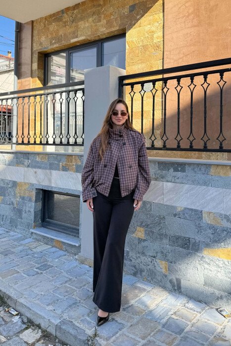SQUARE DESIGN ELASTIC WAIST WOMEN JACKET BROWN/KAFE - 5