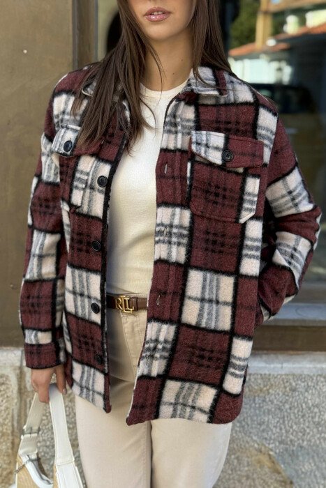 SQUARE DESIGN WARM BUTTONED WOMEN JACKET BROWN/KAFE - 5